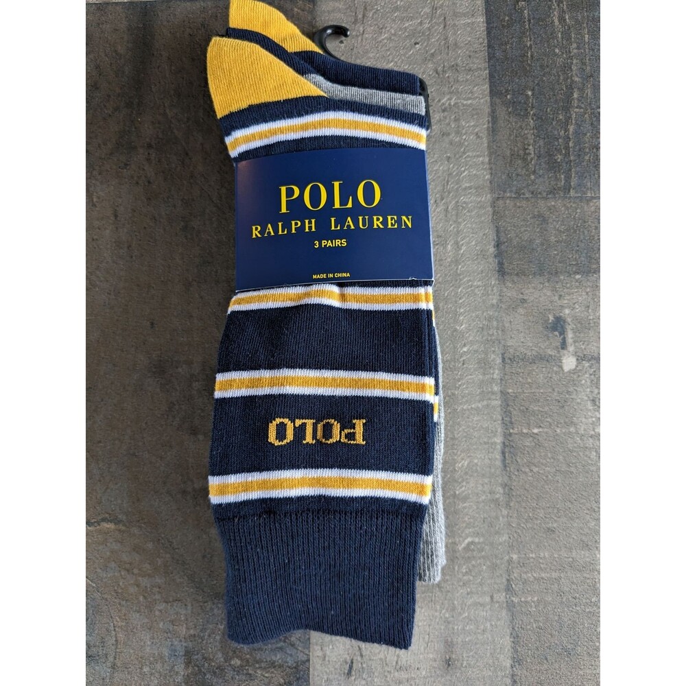 Polo Ralph Lauren 3 pairs Navy Blue & Yellow Dress Crew Socks Size 10 - 13